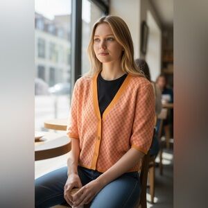 ZARA Orange and Pink Checkered Sweater S brand knew